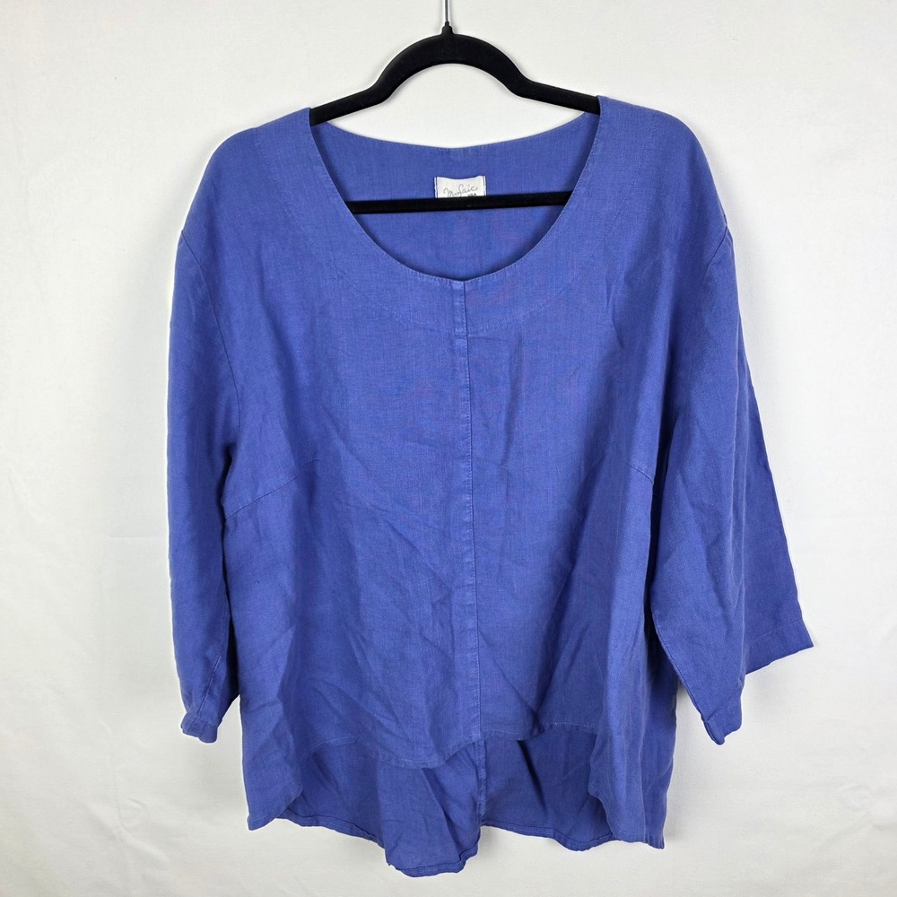 Mosaic USA Blue Linen Tunic Top Scoop Neck 3/4 Sleeve High Low Hem Womens XL